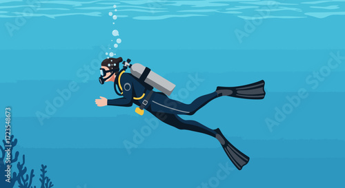 Dynamic illustration depicting a person equipped with full diving gear exploring the calm, clear ocean waters, engaging in a popular aquatic sport and leisure activity