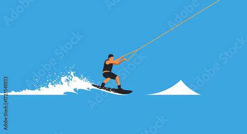 Vibrant vector illustration of a skilled wakeboarder in dynamic action, carving through bright blue water with an impressive spray, depicting exhilarating summer watersports