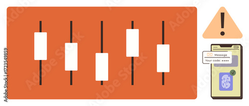 Candlestick chart for financial analysis, warning sign for precaution, mobile security code for authentication. Ideal for finance, security, alert systems, tech, analytics, risk management simple