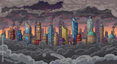Cityscape under Cloudy Sky.