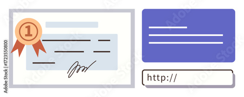 Award certificate with ribbon icon, digital link, and signature. Ideal for education, certifications, online learning, achievements, verification credentials trust. Clean simple flat metaphor
