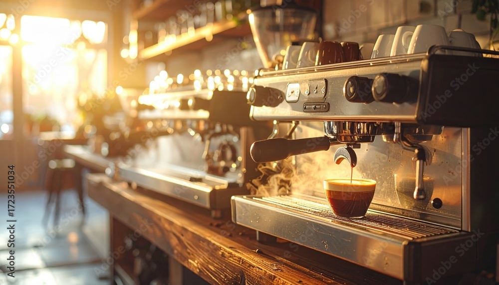Fototapeta premium Espresso Machine Brewing Coffee in Warm Cafe Sunlight