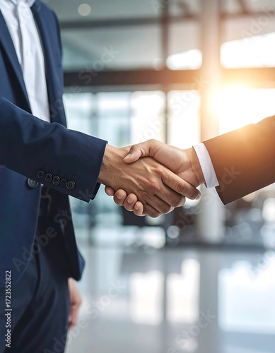 Businessmen shaking hands in modern office