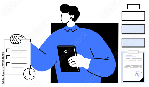 Individual holding checklist and tablet with deadline clock, document, and vertical timeline. Ideal for productivity, task management, planning, time management, goal-setting workflow teamwork. A