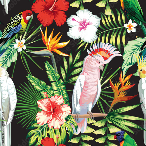 Parrot_tropical_flowers_and_leaves_seamless_pattern_white_background.eps