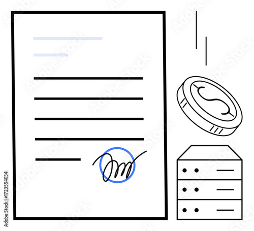 Contract with signature, falling coin, and database stack representing transaction, agreement, or digital deal. Ideal for finance, legal, online contracts, blockchain data management e-commerce