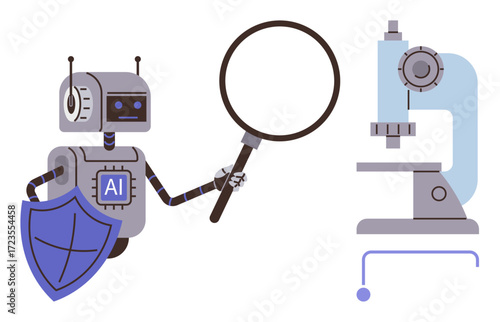 Robot holding shield and magnifying glass near a microscope suggests AI-driven research, data analysis, innovation, science, security, education, exploration, and discovery. Ideal for simple flat