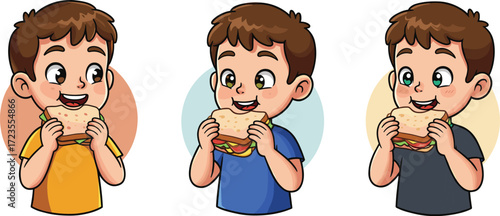 Cartoon boy eating sandwich, cheerful food illustration, smiling child with lunch, playful snack moment, colorful background design, fun mealtime concept