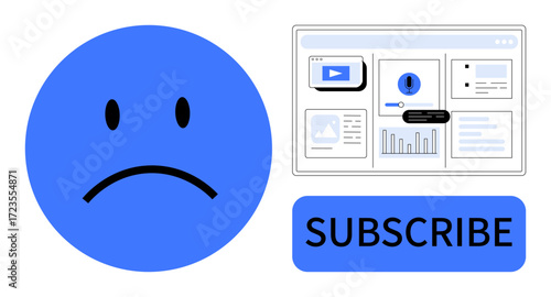 Sad blue emotion beside a web interface showing multimedia, charts, and a bold Subscribe button. Ideal for subscription, dissatisfaction, marketing, online services, notifications, reactions user