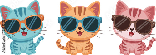 Cartoon cats wearing sunglasses, colorful character illustration, playful feline design, cheerful animal expression, stylish pet theme, fun and whimsical vibe
