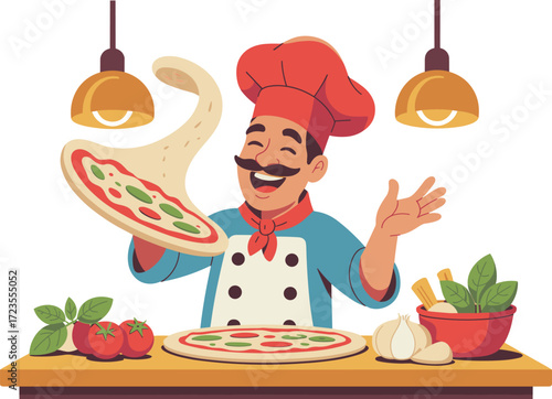 Cartoon chef tossing pizza dough, colorful kitchen illustration, joyful cooking scene, playful culinary character, fresh ingredients design, fun Italian food concept