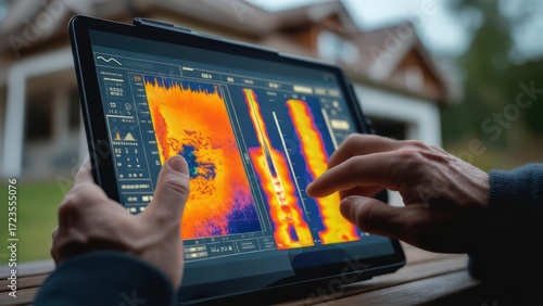 Quadro su tela Professional analyzing thermal imaging data on a tablet outdoors, showcasing advanced technology for building diagnostics and energy efficiency