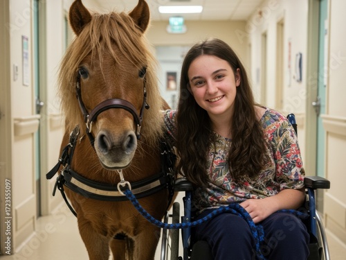A smiling young girl in a wheelchair poses with a therapy miniature horse in a hospital hallway, highlighting animal-assisted therapy.
