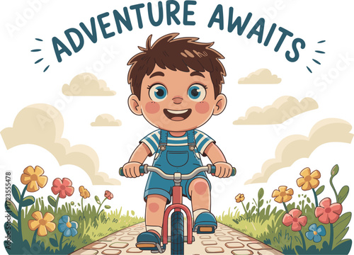 Cartoon child riding bicycle on cobblestone path, outdoor adventure illustration, cheerful character design, motivational kids art, scenic nature background, playful journey theme