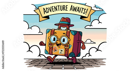 A cheerful, anthropomorphic suitcase wearing a stylish hat and round glasses walks along a scenic path under a banner proclaiming "Adventure Awaits!"