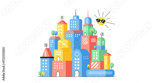 This cheerful vector illustration showcases a bustling, colorful urban landscape with diverse buildings under a bright, sunny sky, symbolizing modern city life and growth.