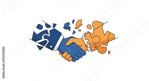 Dynamic handshake dissolving into puzzle pieces symbolizes