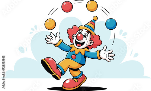 Cartoon clown juggling colorful balls, circus performance illustration, playful entertainment character, cheerful outfit design, children’s fun theme, animated festive moment, joyful act
