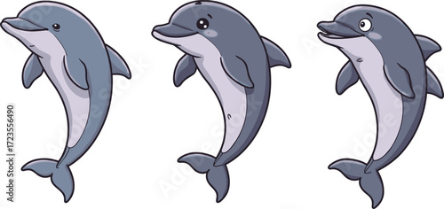 Photography Cartoon dolphins with expressions, playful sea animals illustration, marine char