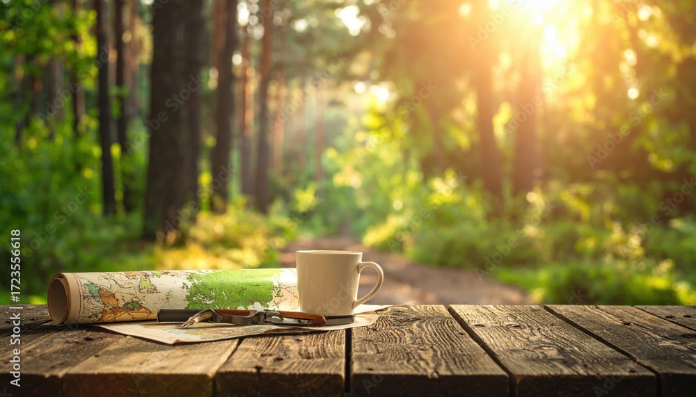 Fototapeta premium Morning Coffee in the Forest: A Rustic Wooden Table Setting
