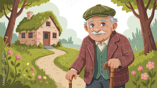 Cartoon elderly man standing on countryside path, rural lifestyle illustration, peaceful nature scene, cheerful character design, traditional village setting, outdoor relaxation theme