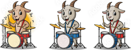 Cartoon goats playing drums, musical animal illustration, fun band concept, animated music scene, goat musicians, percussion art, cheerful performance, music character design