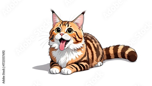 A portrait illustration of a (Maine Coon) sticking out tongue and panting, isolated on white background, 