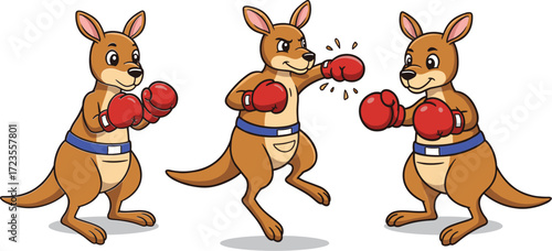 Cartoon kangaroos boxing with gloves, animated animal fighters in action, playful sports illustration, expressive character poses, fun wildlife concept, athletic theme