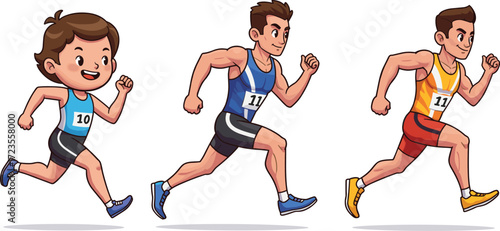 Cartoon male runners racing on track, energetic sports illustration, competitive athletic scene, playful character design, motion and speed concept, outdoor activity theme