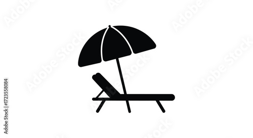 Simple beach chair and umbrella illustration in black and white silhouette