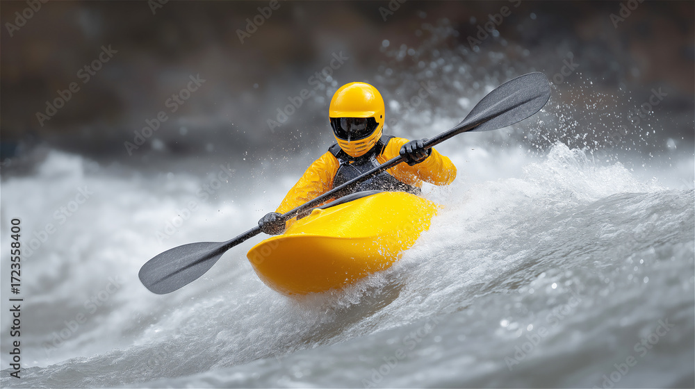 Obraz premium Kayaker in yellow gear paddling through whitewater rapids, symbolizing adventure, skill and resilience, with authentic sporting energy and scenic copy space.
