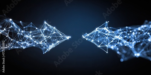 Abstract network of interconnected points, forming two opposing arrows, set against a dark background.  Light blue lines and points create a sense of dynamism and interconnectedness