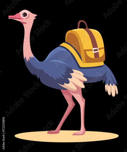 A determined cartoon emu, carrying a sturdy brown backpack and a small yellow bag, is ready to embark on a big adventure or hike against a dark background	
