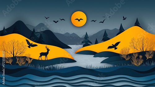 3D golden forest wallpaper with deer and birds in paper - cut style on dark blue, luxury wall art for home
