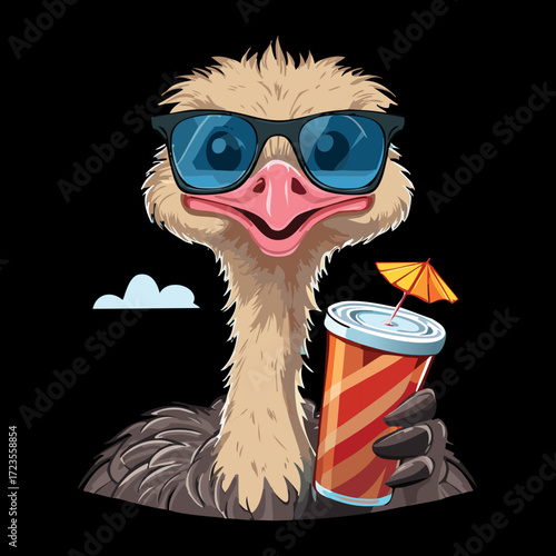 A funny cartoon emu is dressed in cool sunglasses and a hat, enjoying a refreshing cold drink while standing against a dark background for stylish contrast	