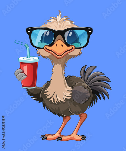 A hip and cool cartoon emu wearing stylish glasses and a baseball cap enjoys a refreshing cold drink with a straw on a hot summer day	