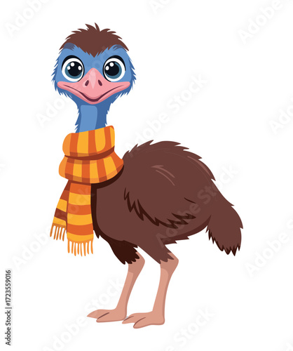 This full-body cartoon emu, wearing an elegant striped scarf, stands tall and regal on a white background, showcasing its distinctive blue head and proud posture	