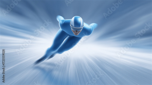 Speed skater racing on ice in dynamic motion blur, symbolizing speed, energy and determination, with authentic competitive scene and clear copy space.