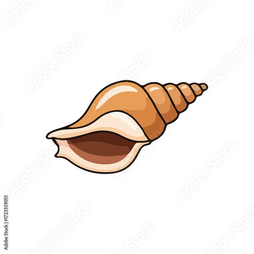 Cartoon illustration of a spiral seashell, showing detailed design and open interior.