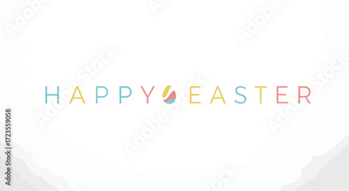 Minimalist Happy Easter greeting with pastel colored typography and a stylized egg on a white background.