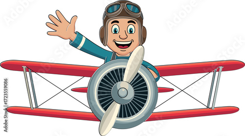 Cartoon pilot flying red biplane, cheerful aviation character, vintage aircraft illustration, smiling aviator in goggles, adventurous flight scene, joyful airborne moment