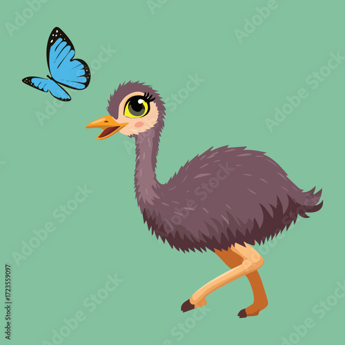 A charming cartoon emu chick pauses in a meadow to gently observe a delicate blue butterfly fluttering above its head on a bright sunny day	