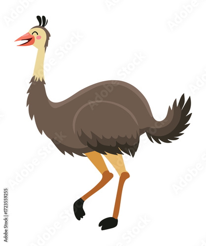 A realistic cartoon emu with its characteristic long neck and legs stands majestically in a simple side-profile pose against a plain white background, showcasing its brown plumage	