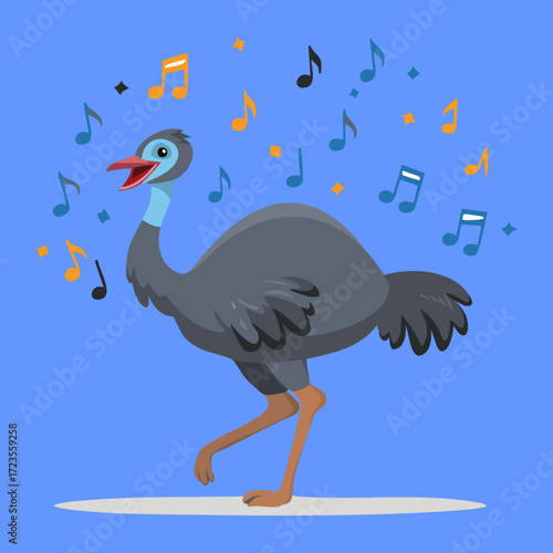 A joyful cartoon cassowary is happily singing with musical notes floating around its head, expressing a passion for music and a cheerful, upbeat mood, vector art	