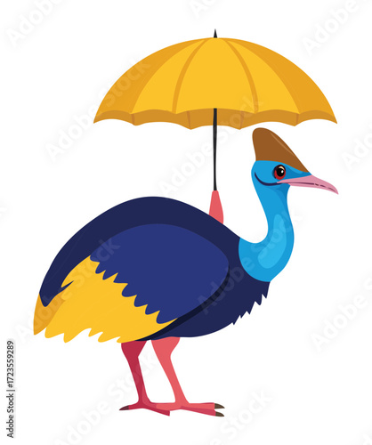 This charming cartoon cassowary tilts its head upward as it holds a bright yellow umbrella, seemingly pondering the rain or the blue sky above with a thoughtful expression	