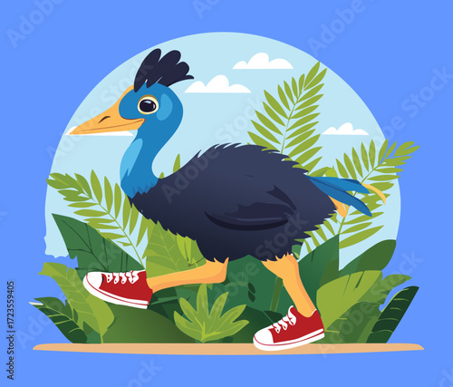 A vibrant cartoon cassowary with striking blue and black plumage casually stepping through a lush, exotic jungle setting on a bright sunny day vector illustration	