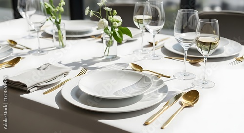 Elegant table setting with white plates, golden cutlery, linen napkin , minimalist fine dining style, bright natural light