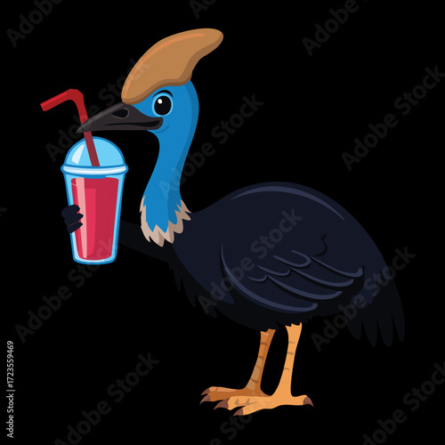 Confident blue cassowary bird enjoying a cool drink with a straw, showcasing its beautiful natural plumage and casque	