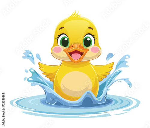 Enthusiastic cute baby duckling with big happy eyes making a big playful splash while taking a fun bath in the water	