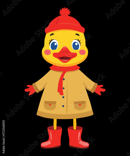 Little yellow duck in a bright yellow raincoat with a matching hat standing upright on a solid black background	